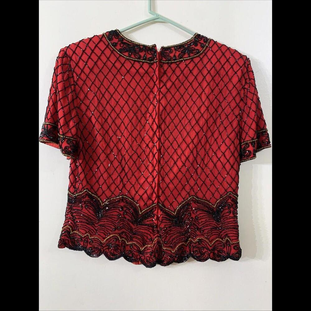 VTG Papell Boutique Womens Sz L 100% Silk Red Beaded Blouse Holiday Cocktail - Picture 9 of 9